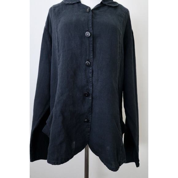 Flax Size L Woven Linen Collared Jacket Button Front High Low Hem Black - Picture 4 of 12